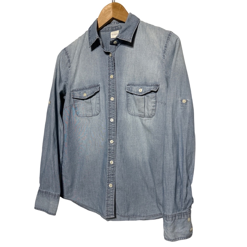 J. Crew Denim Chambray Button Up‎ Shirt Men's Blue Long Sleeve Casual Size S